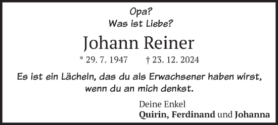 Traueranzeige von Johann Reiner von merkurtz