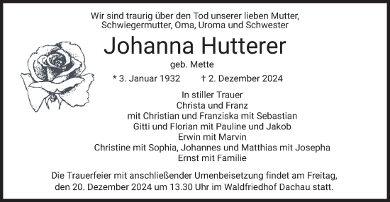 Traueranzeige von Johanna Hutterer von merkurtz