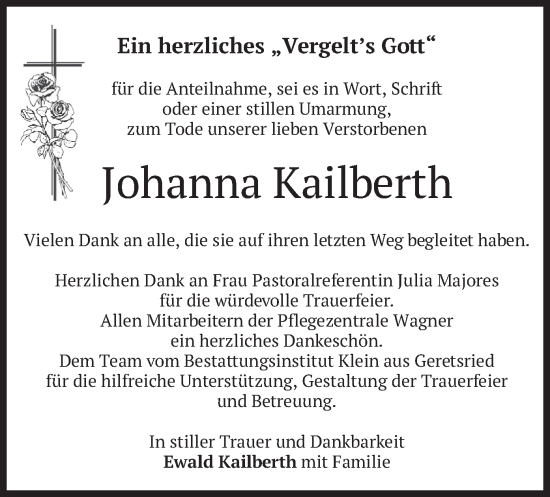 Traueranzeige von Johanna Kailberth von merkurtz