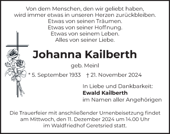 Traueranzeige von Johanna Kailberth von merkurtz