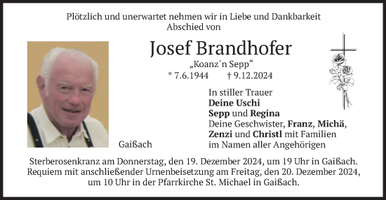 Traueranzeige von Josef Brandhofer von merkurtz