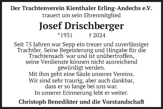 Traueranzeige von Josef Drischberger von merkurtz