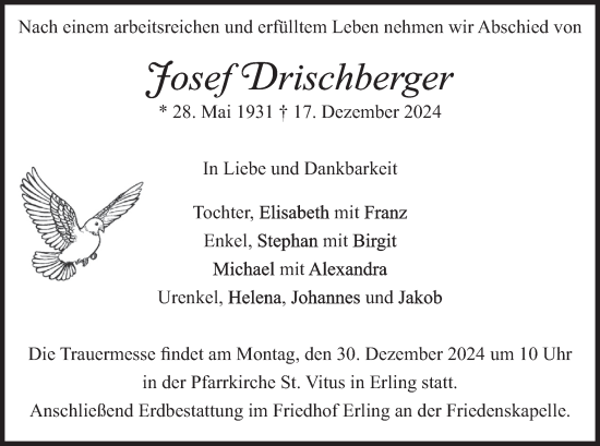 Traueranzeige von Josef Drischberger von merkurtz