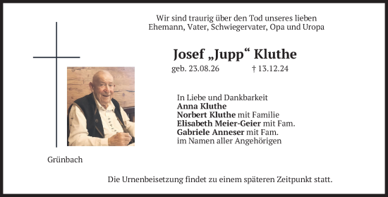 Traueranzeige von Josef Kluthe von merkurtz