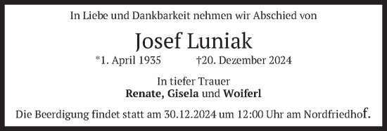 Traueranzeige von Josef Luniak von merkurtz