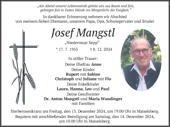 Traueranzeige von Josef Mangstl von merkurtz