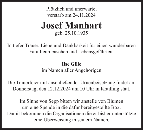 Traueranzeige von Josef Manhart von merkurtz