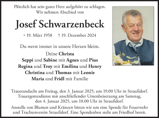 Traueranzeige von Josef Schwarzenbeck von merkurtz