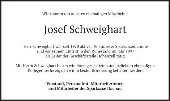 Traueranzeige von Josef Schweighart von merkurtz