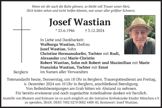 Traueranzeige von Josef Wastian von merkurtz