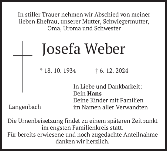 Traueranzeige von Josefa Weber von merkurtz