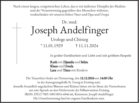 Traueranzeige von Joseph Andelfinger von merkurtz