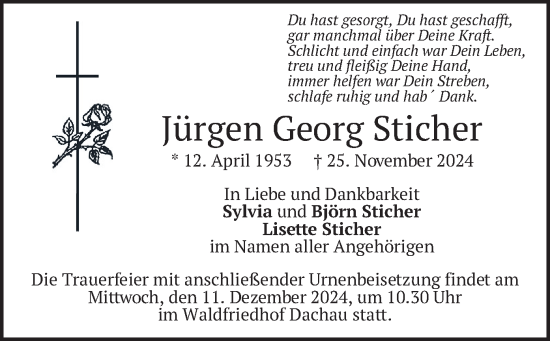 Traueranzeige von Jürgen Georg Sticher von merkurtz