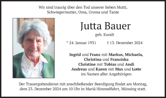 Traueranzeige von Jutta Bauer von merkurtz