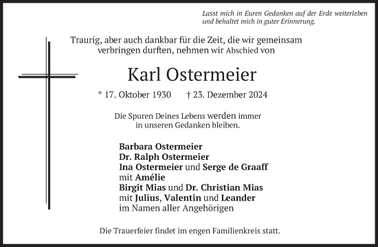 Traueranzeige von Karl Ostermeier von merkurtz