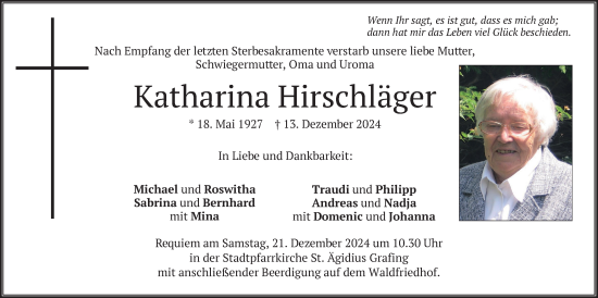 Traueranzeige von Katharina Hirschläger von merkurtz