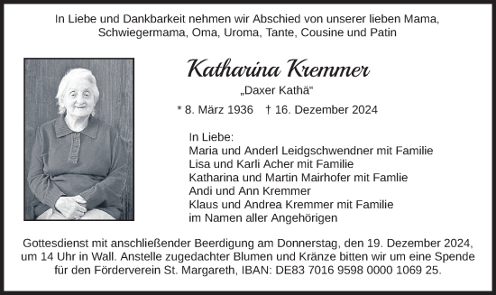 Traueranzeige von Katharina Kremmer von merkurtz