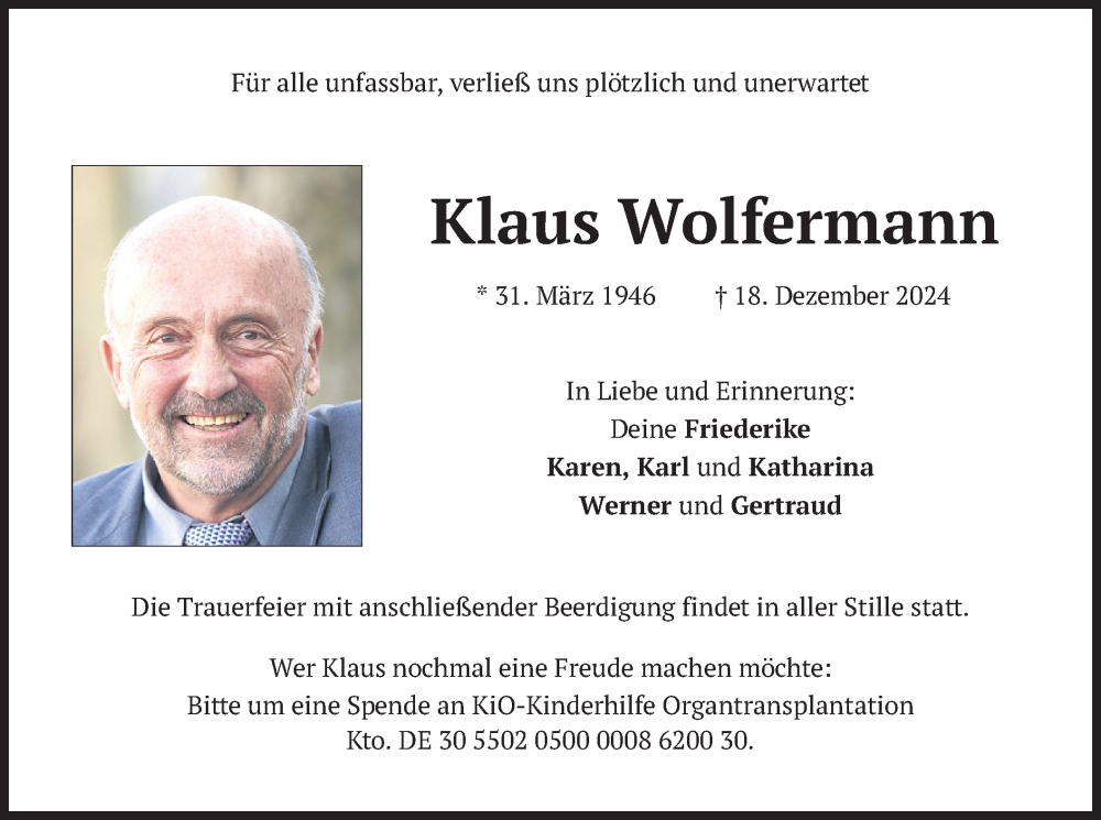  Traueranzeige für Klaus Wolfermann vom 28.12.2024 aus merkurtz