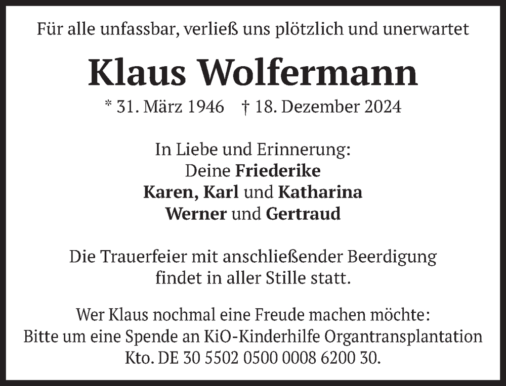  Traueranzeige für Klaus Wolfermann vom 28.12.2024 aus Das Gelbe Blatt Penzberg