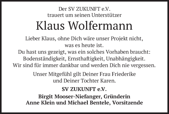 Traueranzeige von Klaus Wolfermann von merkurtz