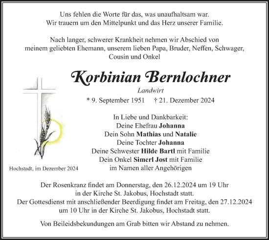 Traueranzeige von Korbinian Bernlochner von merkurtz