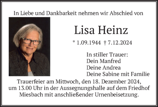 Traueranzeige von Lisa Heinz von merkurtz