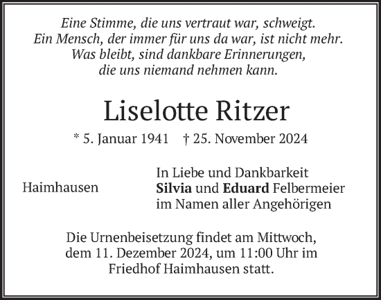 Traueranzeige von Liselotte Ritzer von merkurtz