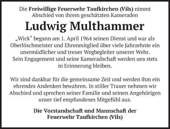 Traueranzeige von Ludwig Multhammer von merkurtz