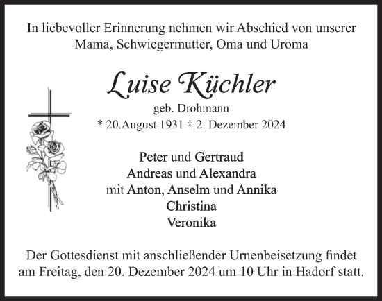 Traueranzeige von Luise Küchler von merkurtz