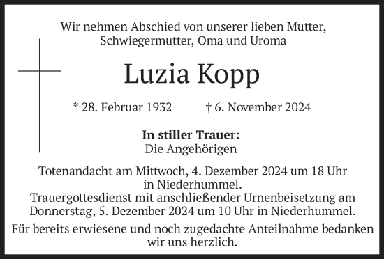 Traueranzeige von Luzia Kopp von merkurtz