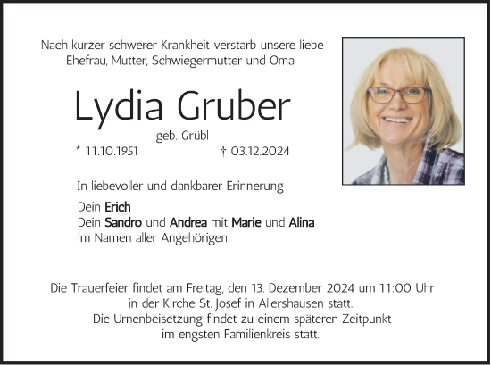 Traueranzeige von Lydia Gruber von merkurtz