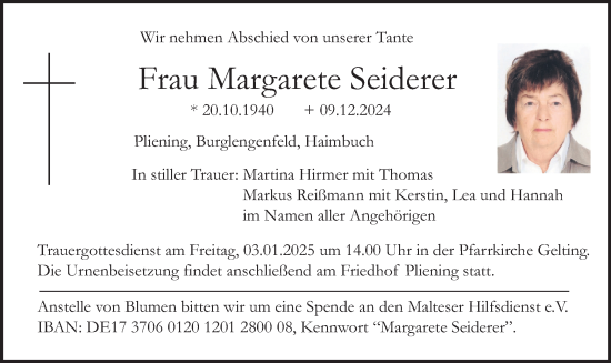 Traueranzeige von Margarete Seiderer von merkurtz