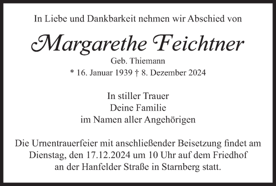 Traueranzeige von Margarethe Feichtner von merkurtz