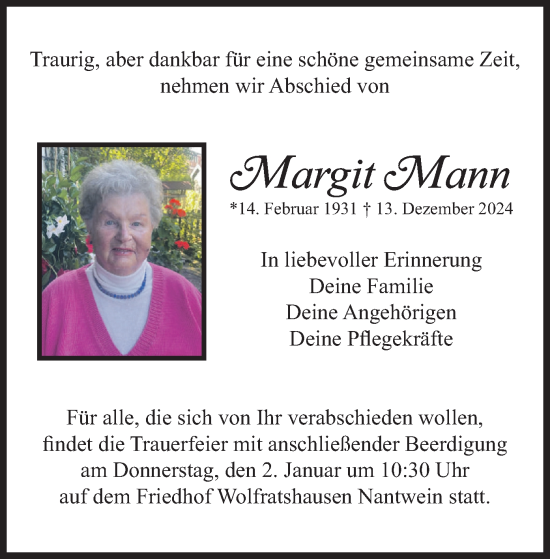 Traueranzeige von Margit Mann von merkurtz