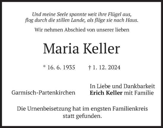 Traueranzeige von Maria Keller von merkurtz