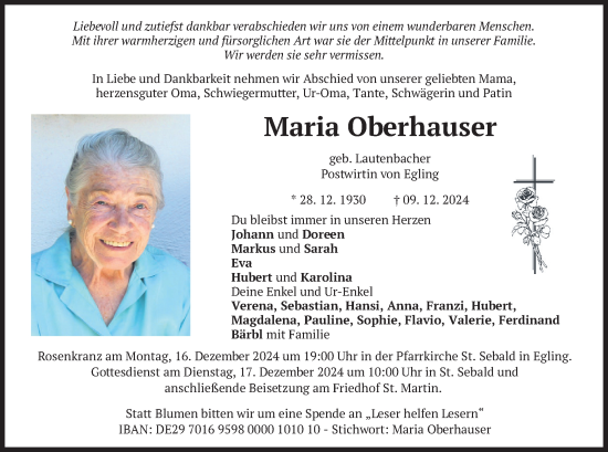 Traueranzeige von Maria Oberhauser von merkurtz