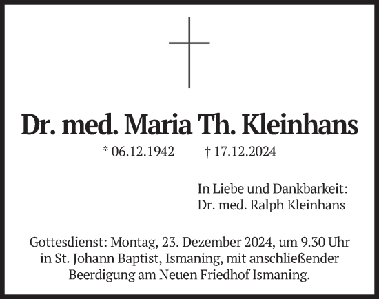 Traueranzeige von Maria Th. Kleinhans von merkurtz