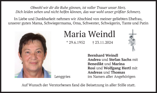 Traueranzeige von Maria Weindl von merkurtz