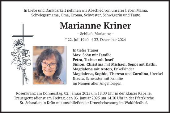 Traueranzeige von Marianne Kriner von merkurtz