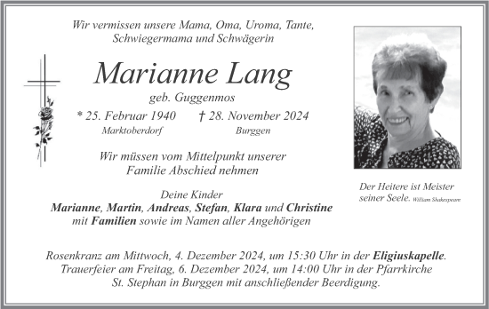 Traueranzeige von Marianne Lang von merkurtz