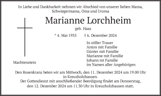 Traueranzeige von Marianne Lorchheim von merkurtz