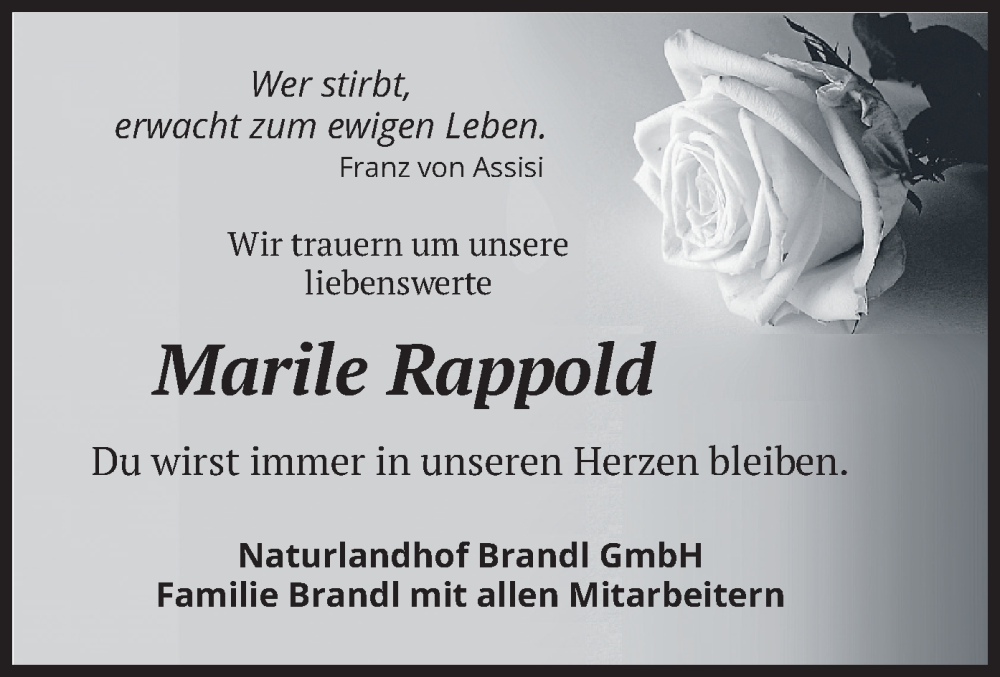  Traueranzeige für Marile Rappold vom 14.12.2024 aus merkurtz