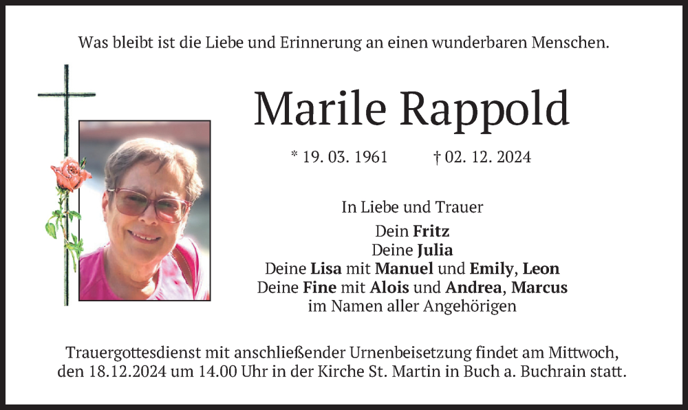  Traueranzeige für Marile Rappold vom 14.12.2024 aus merkurtz