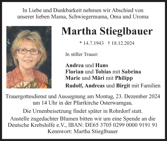 Traueranzeige von Martha Stieglbauer von merkurtz