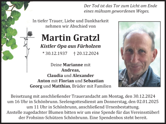 Traueranzeige von Martin Gratzl von merkurtz