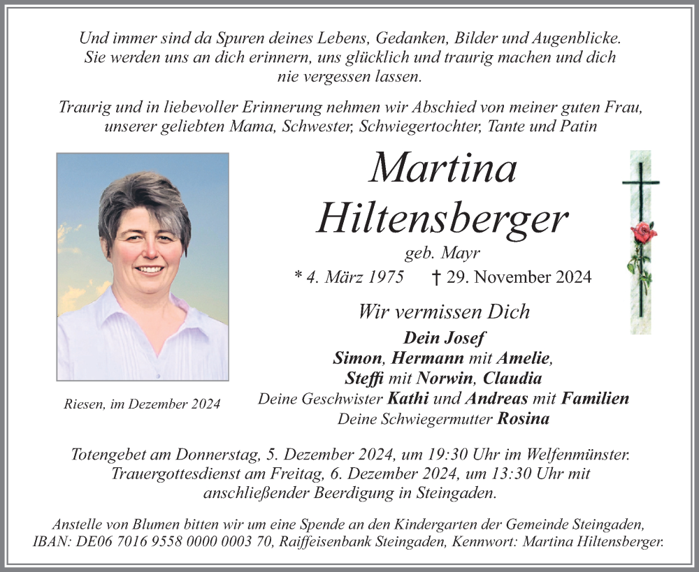  Traueranzeige für Martina Hiltensberger vom 04.12.2024 aus merkurtz