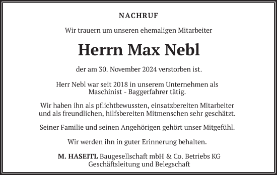 Traueranzeige von Max Nebl von merkurtz