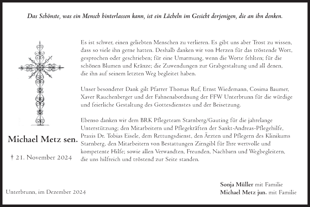  Traueranzeige für Michael Metz vom 21.12.2024 aus merkurtz