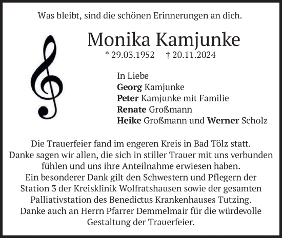 Traueranzeige von Monika Kamjunke von merkurtz