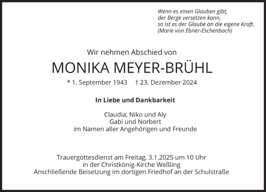 Traueranzeige von Monika Meyer-Brühl von merkurtz